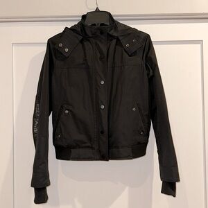VINCE Black Women's Bomber Jacket with leather trim and attached hood